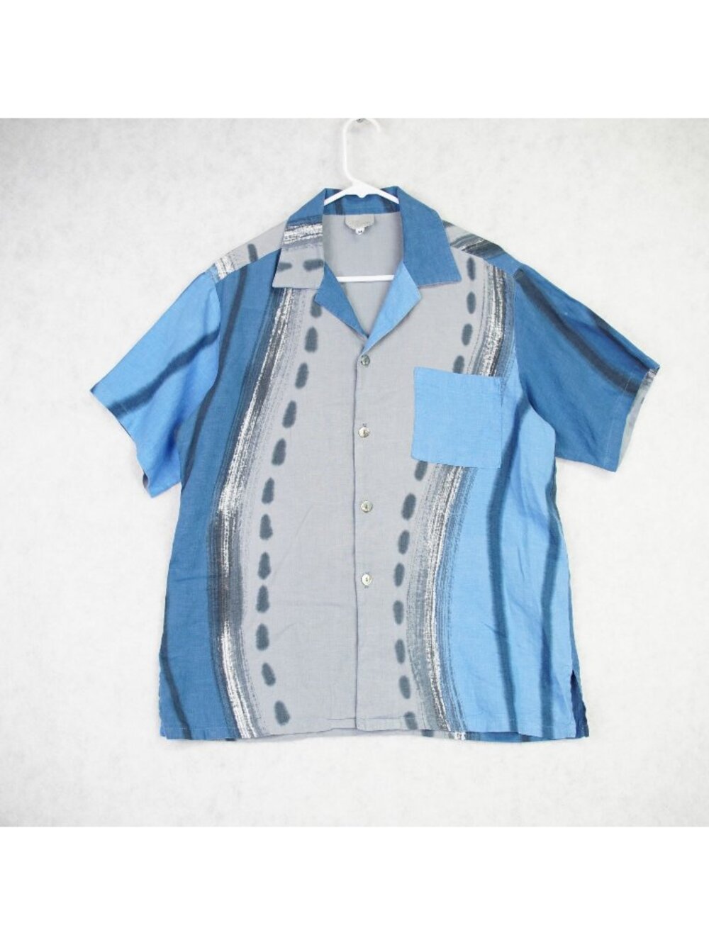 Kay Chapman Womens Blue & Gray Abstract Linen Shirt Sz Medium Lightweight Pocket